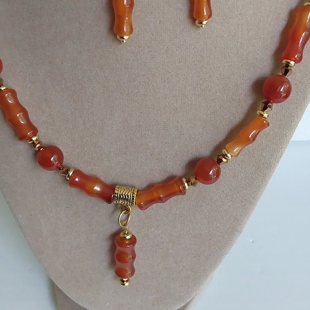 Orange  bamboo genuine carnelian set of necklace and earrings in gold bonded